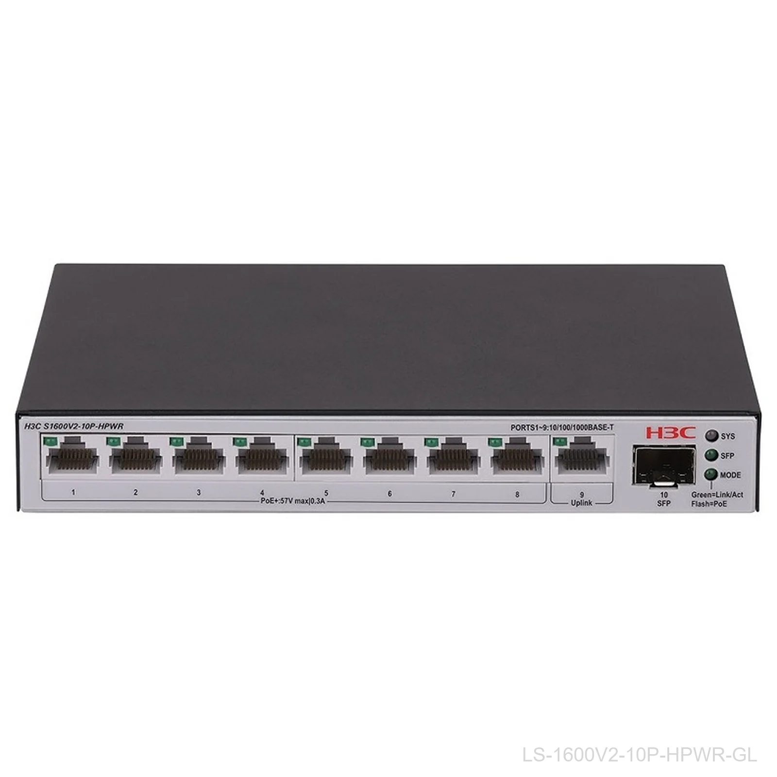 [LS-1600V2-10P-HPWR-GL] H3C LS-1600V2-10P-HPWR-GL, 8-Port Web Managed PoE+ Switch, 125W, 1x SFP