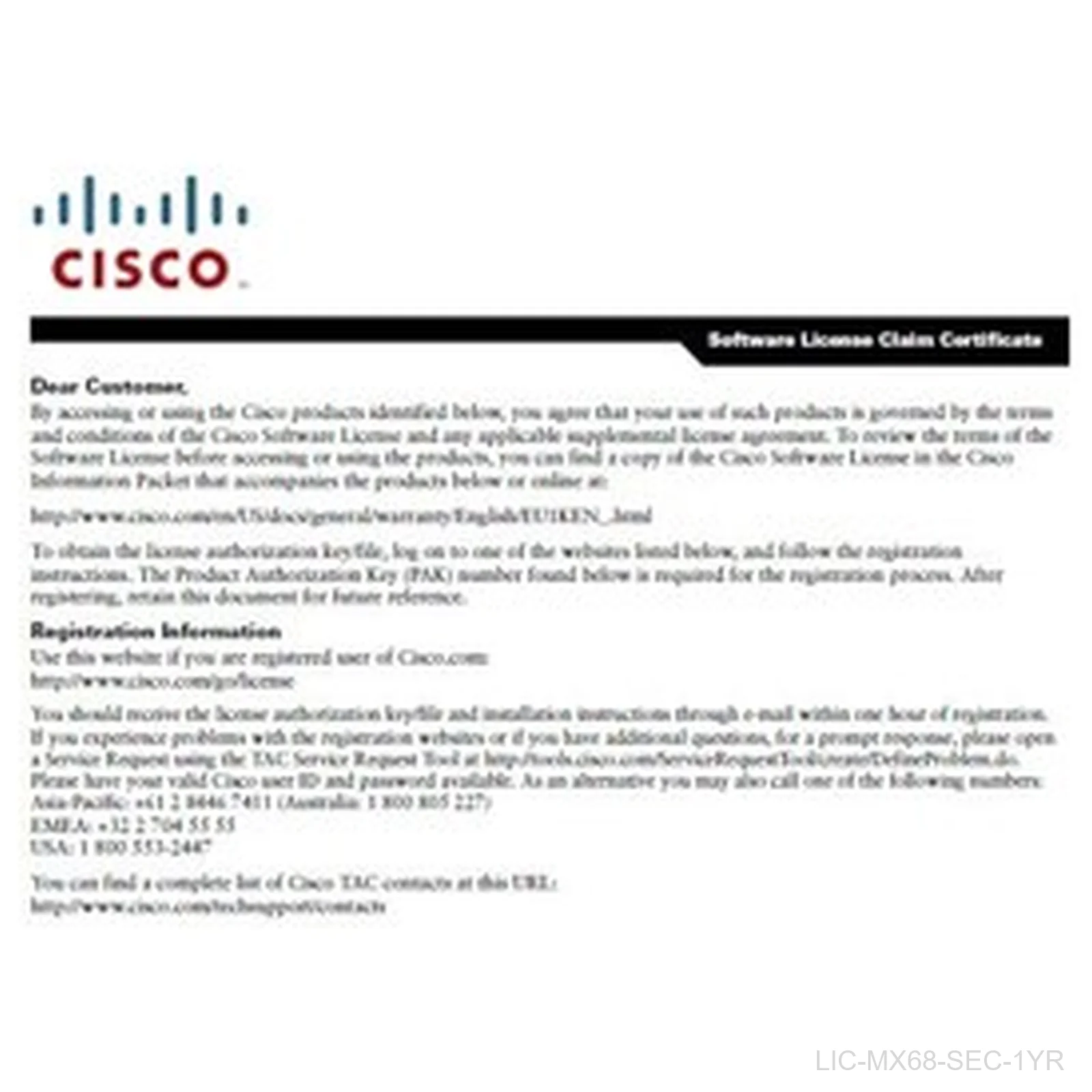 [LIC-MX68-SEC-1YR] Cisco Meraki LIC-MX68-SEC-1YR Security License for MX68, 1-Year