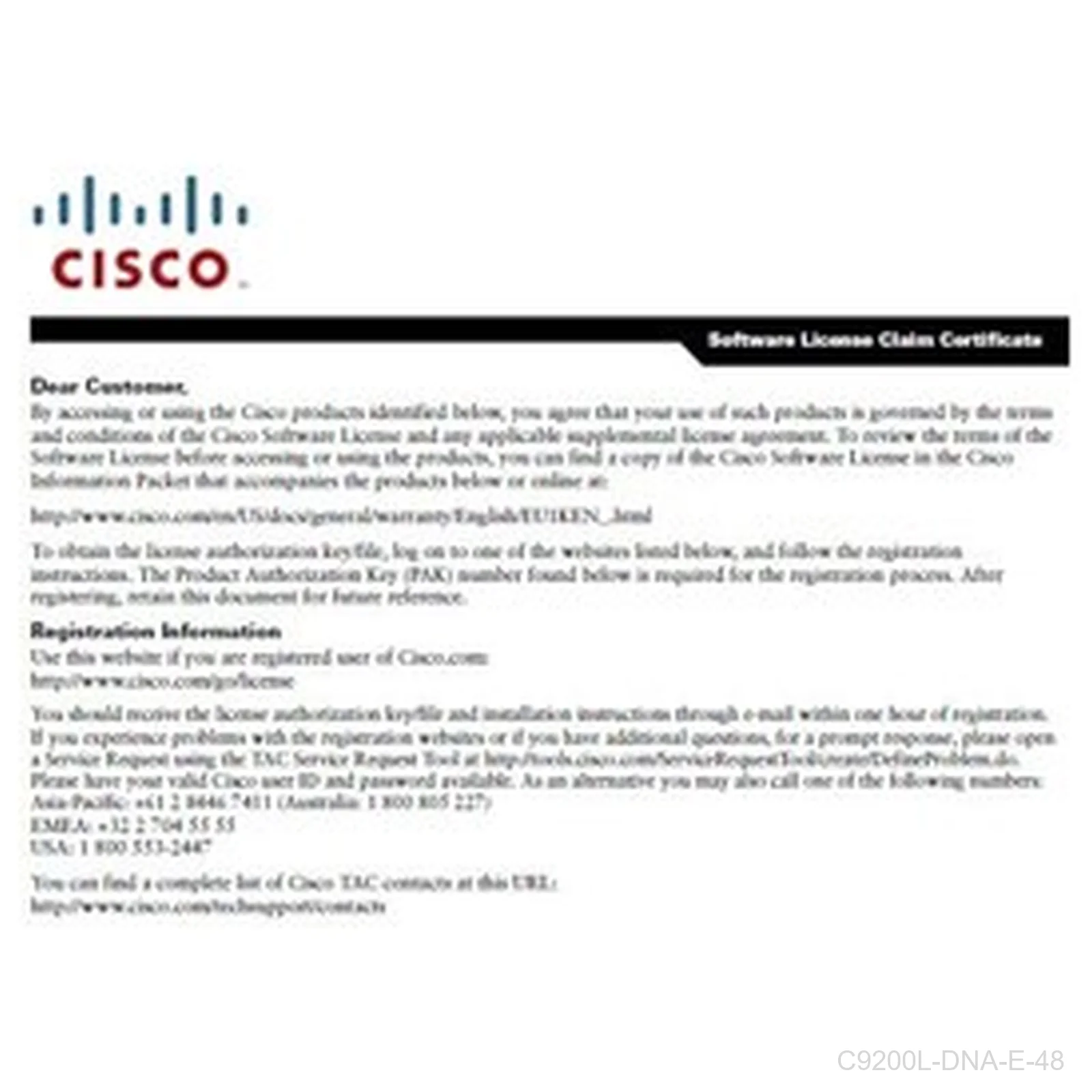 [C9200L-DNA-E-48] Cisco C9200L-DNA-E-48, Catalyst 9200L DNA Essentials 48-Port License
