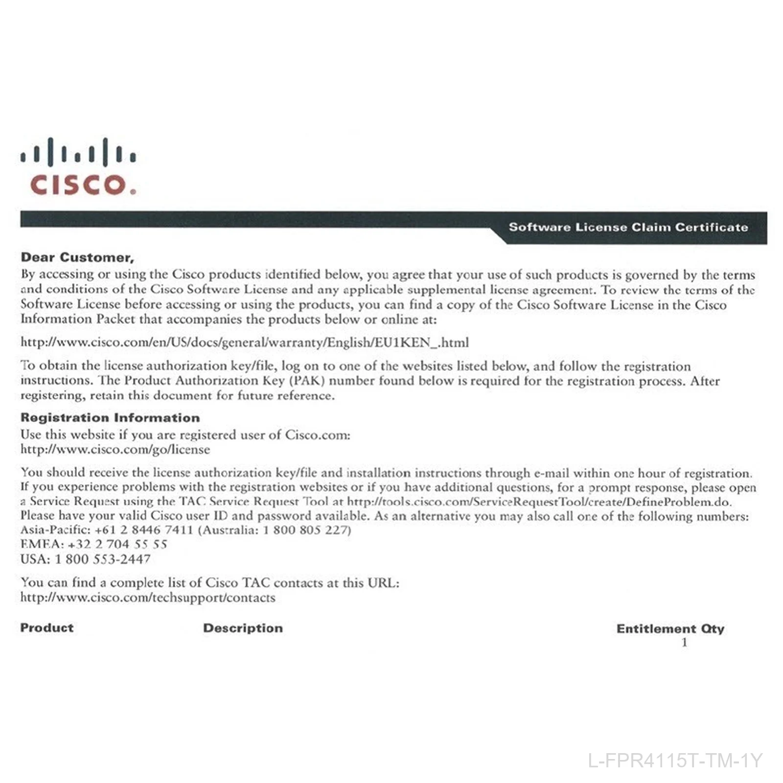 [L-FPR4115T-TM-1Y] Cisco L-FPR4115T-TM-1Y, Firepower, Malware 1-Year Subscription License